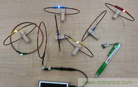 用來驗證&ldquo;直流共振方式&rdquo;的試制系統。在線圈間傳輸電力，點亮LED