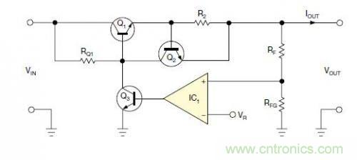 圖1：一個標準的線性穩壓器直接將反饋連接到串聯導通晶體管上。