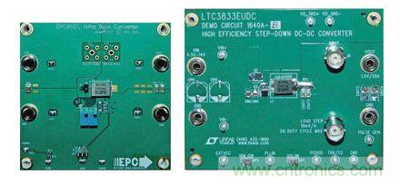 圖2：在低壓降壓轉(zhuǎn)換器使用EPC9101及經(jīng)過(guò)修改的DC1640A-B演示板的比較