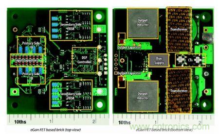圖6：采用eGaN FET設計的48V至53V半磚PSE轉換器的頂視圖和底視圖(單位為英寸)。