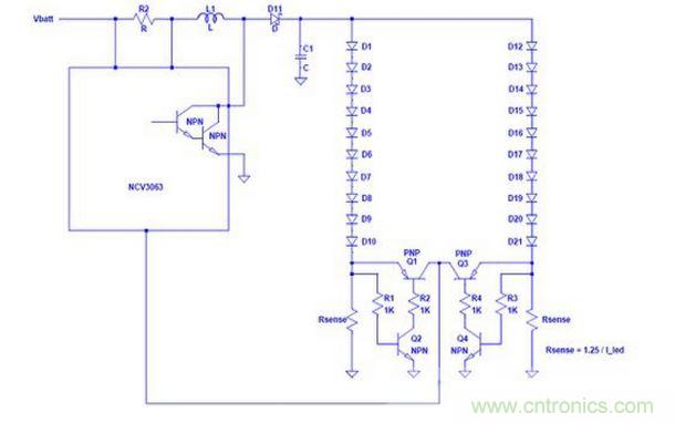 基于NCP3063 單個電流環路驅動多串LED
