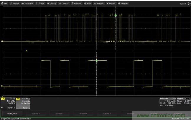 使用CustomDSO運行VB腳本&ldquo;zoom_Track.lss&rdquo;。當腳本運行時，縮放波形的中心將跟蹤水平的光標絕對位置。從圖中可以看出，光標將永遠位于縮放波形Z1的中心