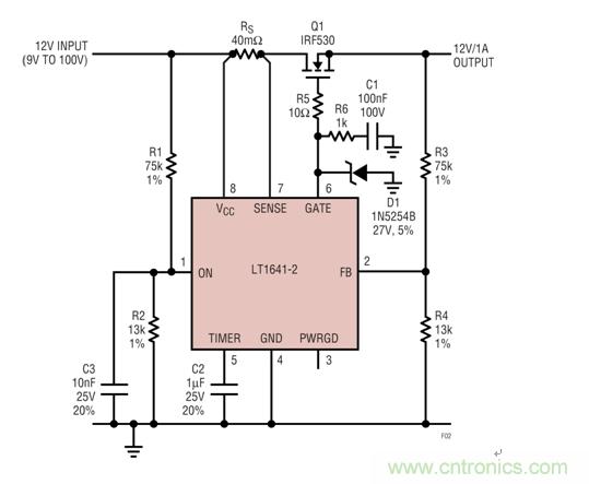 過壓瞬態(tài)保護器將輸出箝位在24V左右，如果輸入降至低于9V就斷接