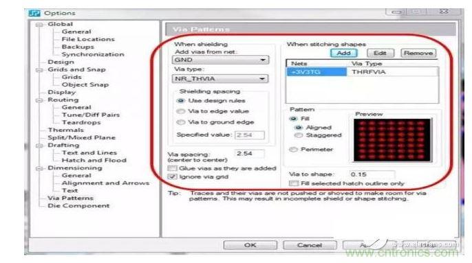 利用支持射頻設(shè)計(jì)的PCB 設(shè)計(jì)工具，您可以設(shè)置用于生成過孔模式的設(shè)計(jì)規(guī)則，并自動(dòng)在您的設(shè)計(jì)中強(qiáng)制實(shí)施這些規(guī)則，從而節(jié)省您的時(shí)間和確保符合您的所有設(shè)計(jì)規(guī)則。