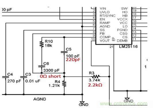 圖4：評估板部分原理圖顯示必須調整分壓器(R3和R4)將輸出電壓從5V改變到3.3V。另外還有其它多處改變。