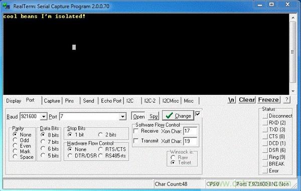  圖6：隔離型USB-to-UART轉換器的環回測試。