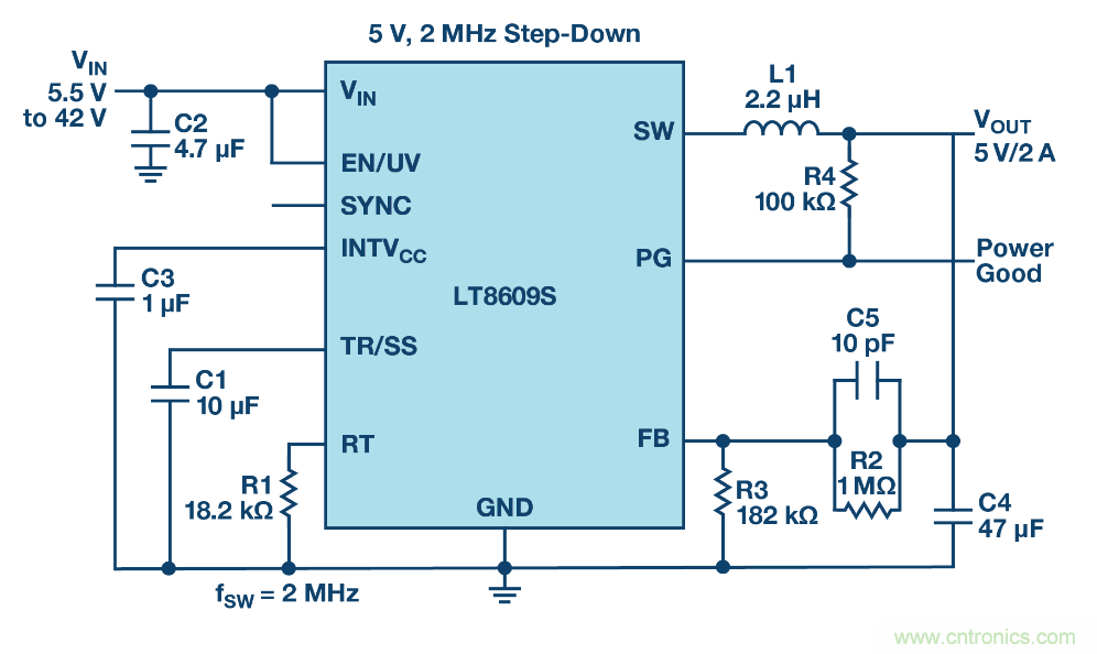 具 2.5 &mu;A 靜態電流和超低 EMI 輻射的 42 V、2 A/3 A 峰值同步降壓型穩壓器
