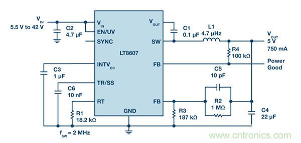 具2.5 &mu;A靜態電流和超低EMI的42 V單片式同步降壓型穩壓器