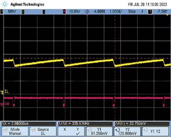  圖9.負載調整和折返頻率。隨著負載增大，頻率會折返以維持穩定的輸出電壓。  在圖9中可以看到，隨著負載增加，器件頻率會折返以保持恒定的輸出電壓。器件在DCM下運行至約0.28 A，這就是頻率下降到約495 kHz然后又回升至657 kHz的原因。以657 kHz的頻率運行時，器件可以保持正常操作，直至負載達到0.7 A。此時頻率降低以保持適當的輸出電壓，直至負載達到1.4 A左右。發生這種情況時，器件無法在保持輸出電壓的同時將頻率降低到100 kHz以下（該器件指定的最低反饋頻率），因此輸出電壓開始下降。  這個問題的解決辦法不像違反最小導通時間規范那么簡單。設計人員通常需要滿足特定的輸入電壓和輸出電壓要求，因此無法隨意更改占空比來延長關斷時間。如果設計人員可以提供更大的輸入電壓，則器件將以設定的頻率工作，因為較小占空比會防止器件違反最小關斷時間規范。這一點可以從圖10中看出，其中器件以設定的2 MHz頻率運行。
